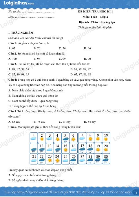 Đề kiểm tra học kì 1 Toán 2 Chân trời sáng tạo - Đề số 5